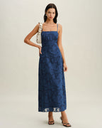 Navy Jacquard Backless Maxi Dress with Slip Design