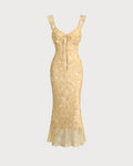 Yellow Floral Ruffled Midi Dress with Ruched Details
