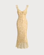 Yellow Floral Ruffled Midi Dress with Ruched Details