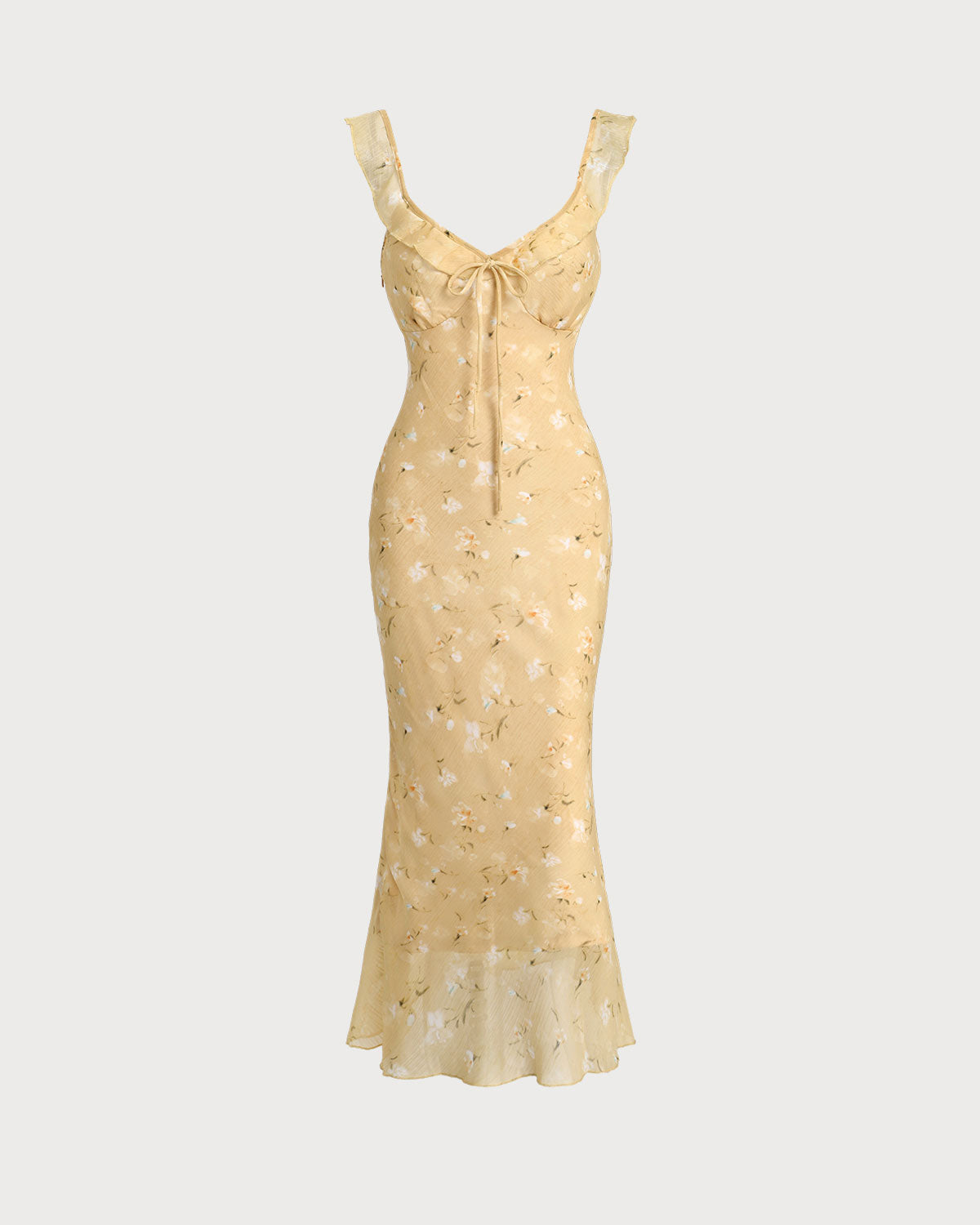 Yellow Floral Ruffled Midi Dress with Ruched Details