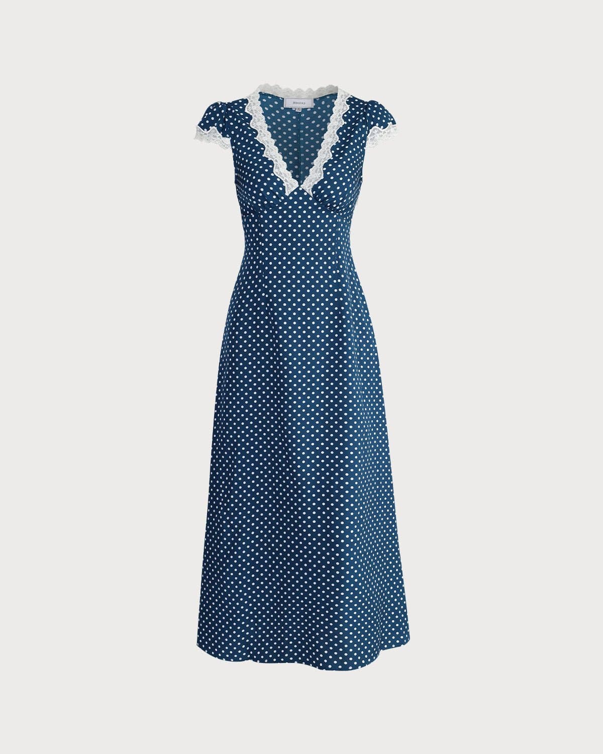 Navy Polka Dot Lace Ruched V-Neck Maxi Dress