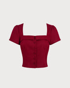 Red Square Neck Blouse with Cross Tie Detail