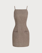 Brown Gingham Mini Slip Dress