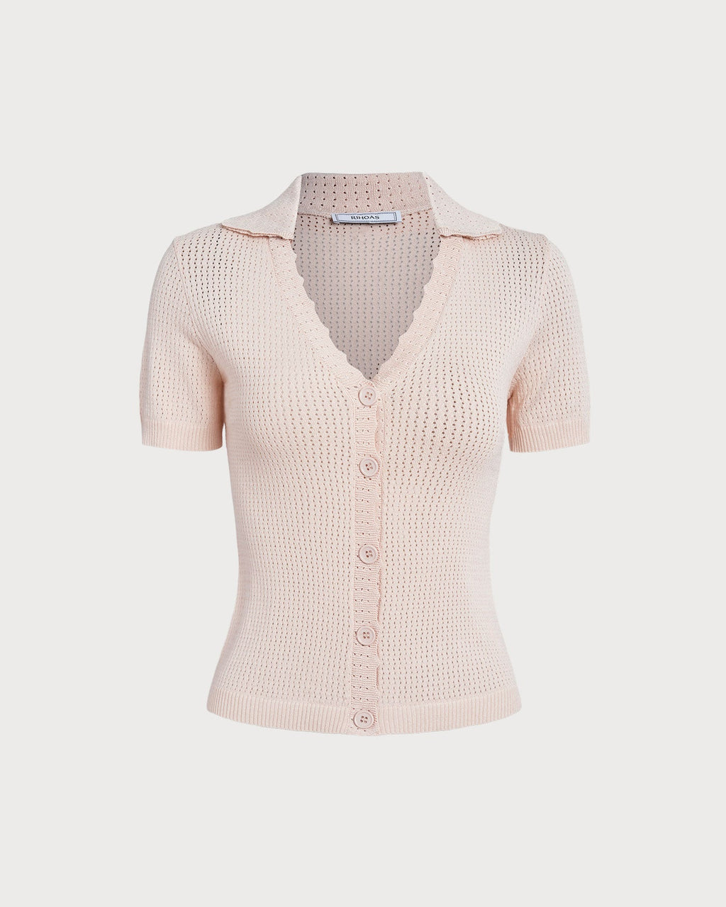 Nude V-Neck Pointelle Knit Tee with Button Details