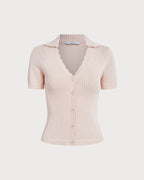 Nude V-Neck Pointelle Knit Tee with Button Details