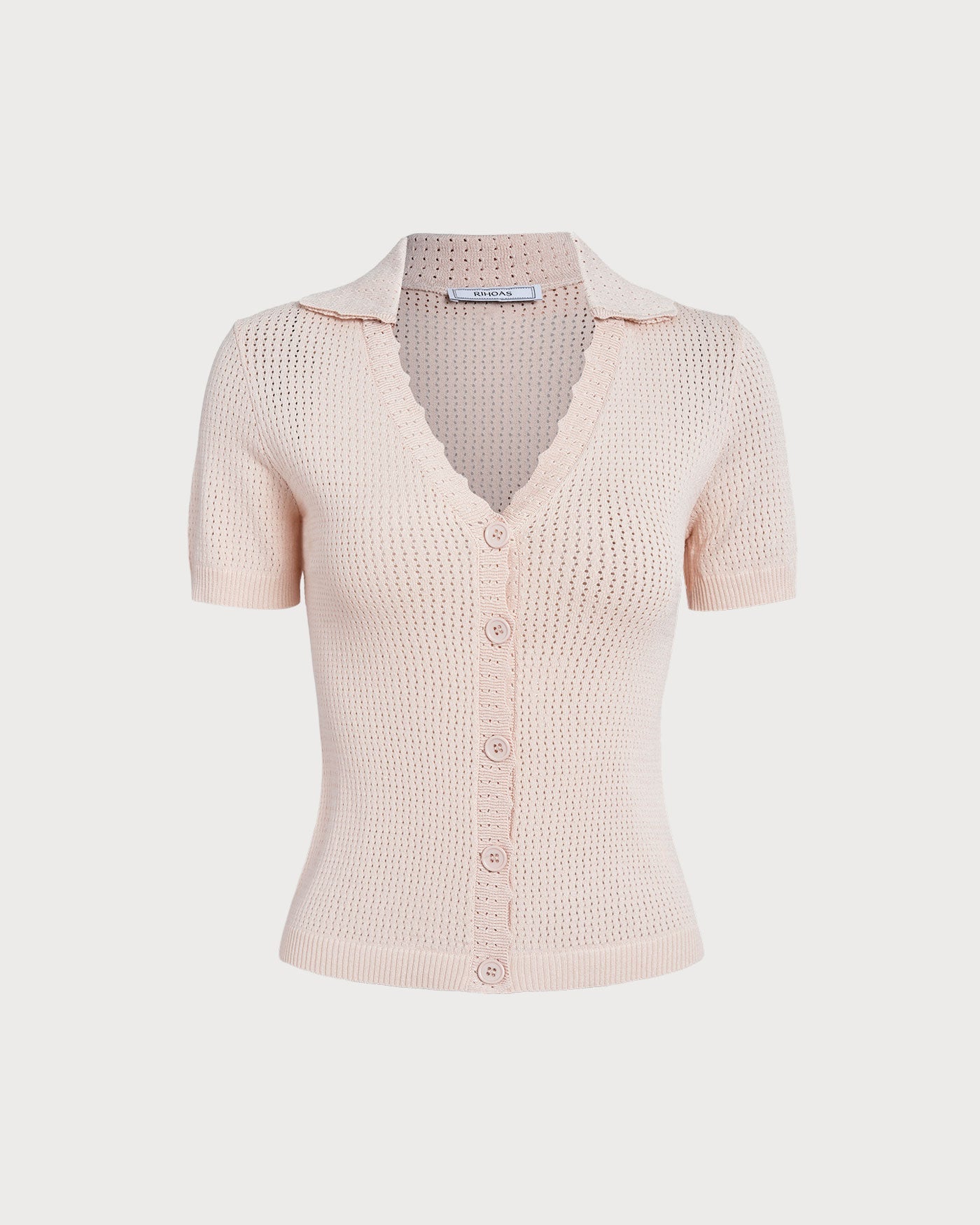 Nude V-Neck Pointelle Knit Tee with Button Details