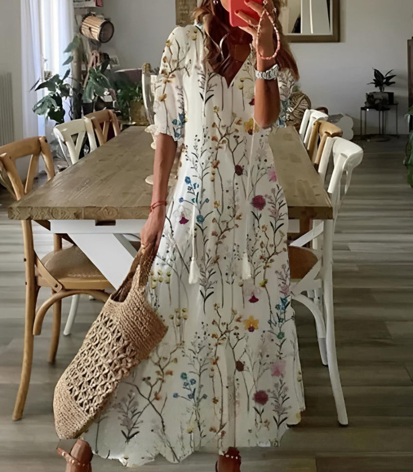 Andrea | V-Ausschnitt Bedrucktes Kleid