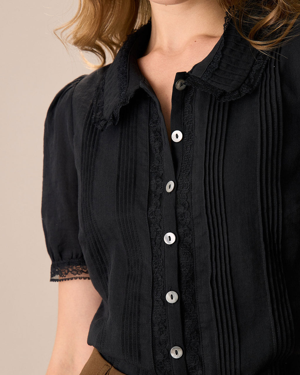 Women's Black Cotton Blouse with Chelsea Collar and Lace Trim