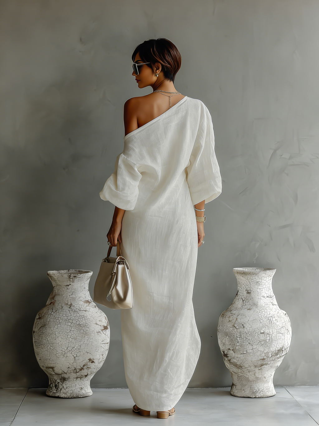 Isabella | Fließendes Leinen Kleid Off-Shoulder