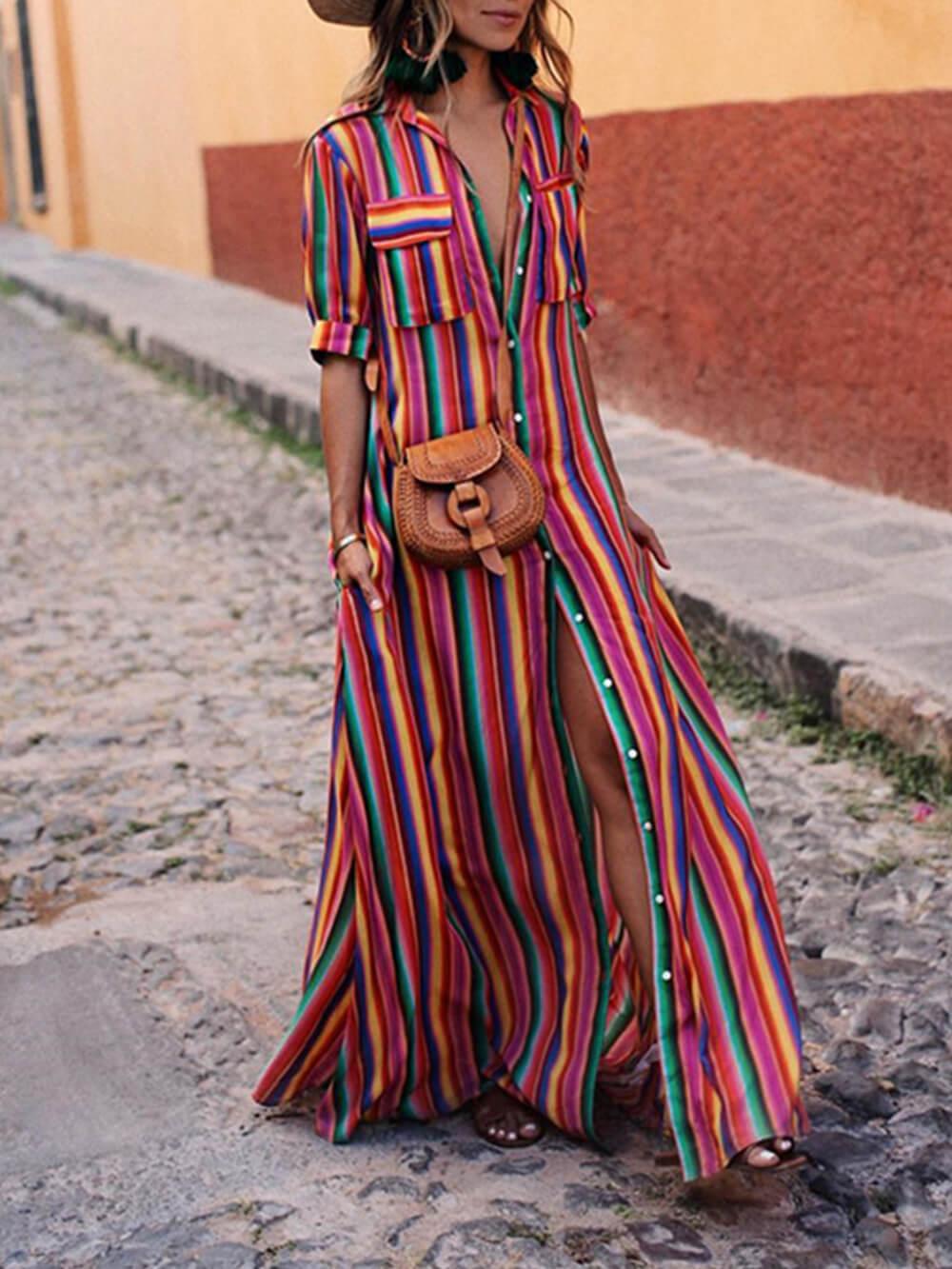 Nancy | Sommer Lässiger Gestreifter Bedruckter Maxirock