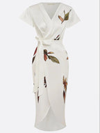 Judy | Weißes Leaf Kurzarm Satin Midi Kleid