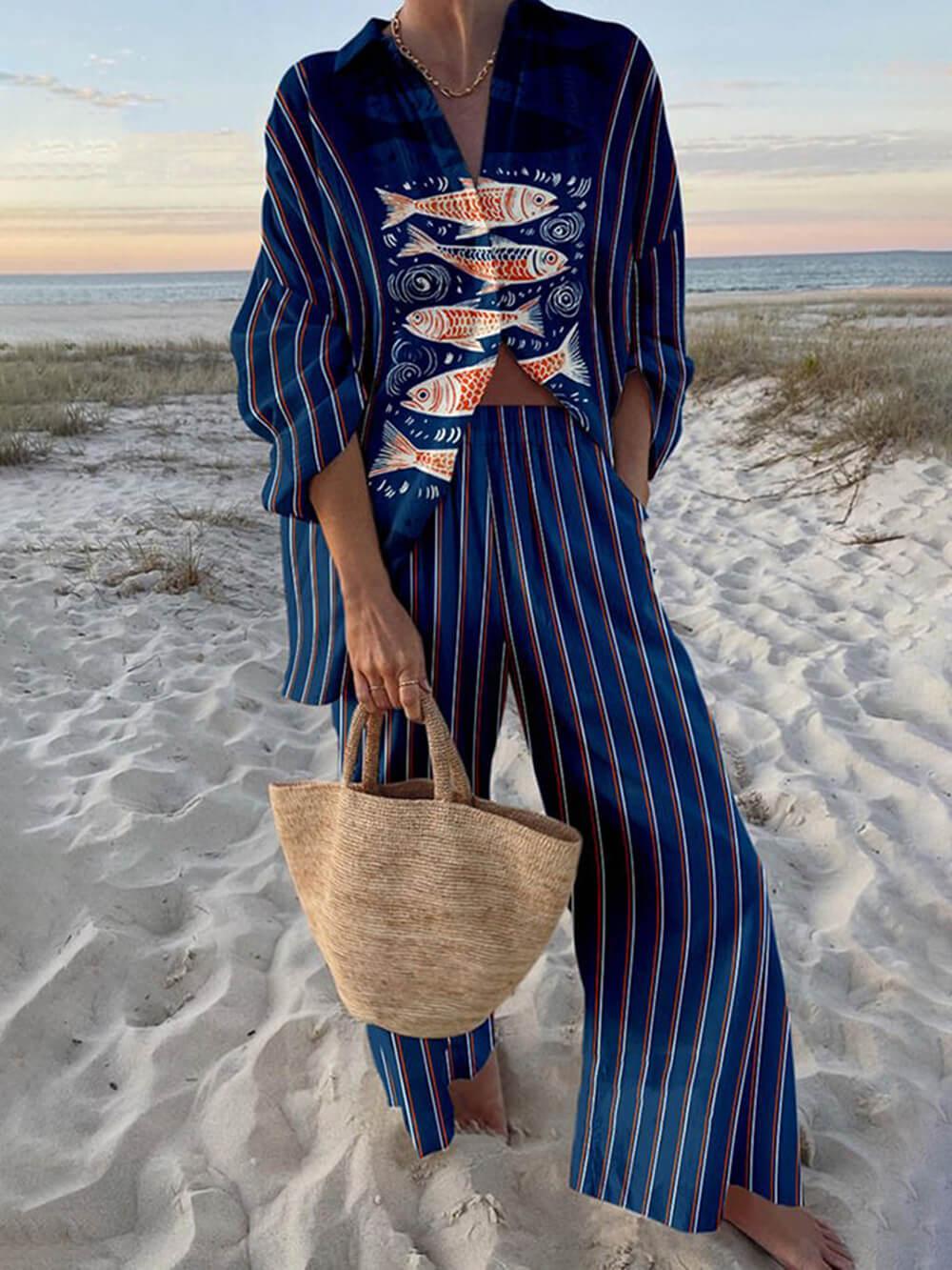 Mae | Übergroßes Hemd mit Ozeanprint im Inselstil und elastischen Bund-Hosen mit Taschen