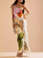 Kira | Resort Vibes Elegantes Floralprint Ein-Schulter Maxikleid