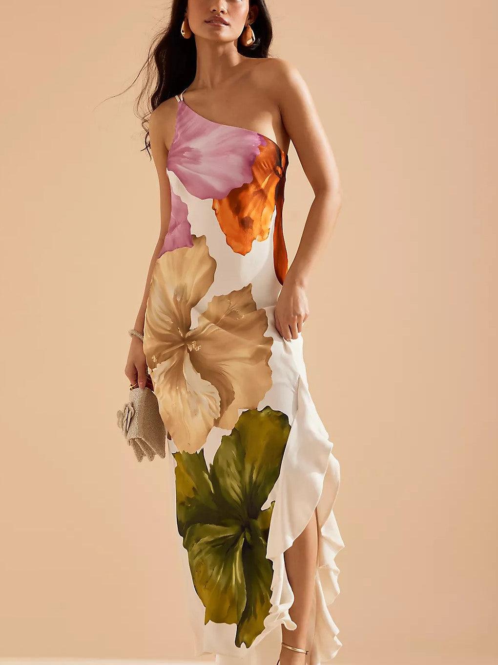 Kira | Resort Vibes Elegantes Floralprint Ein-Schulter Maxikleid
