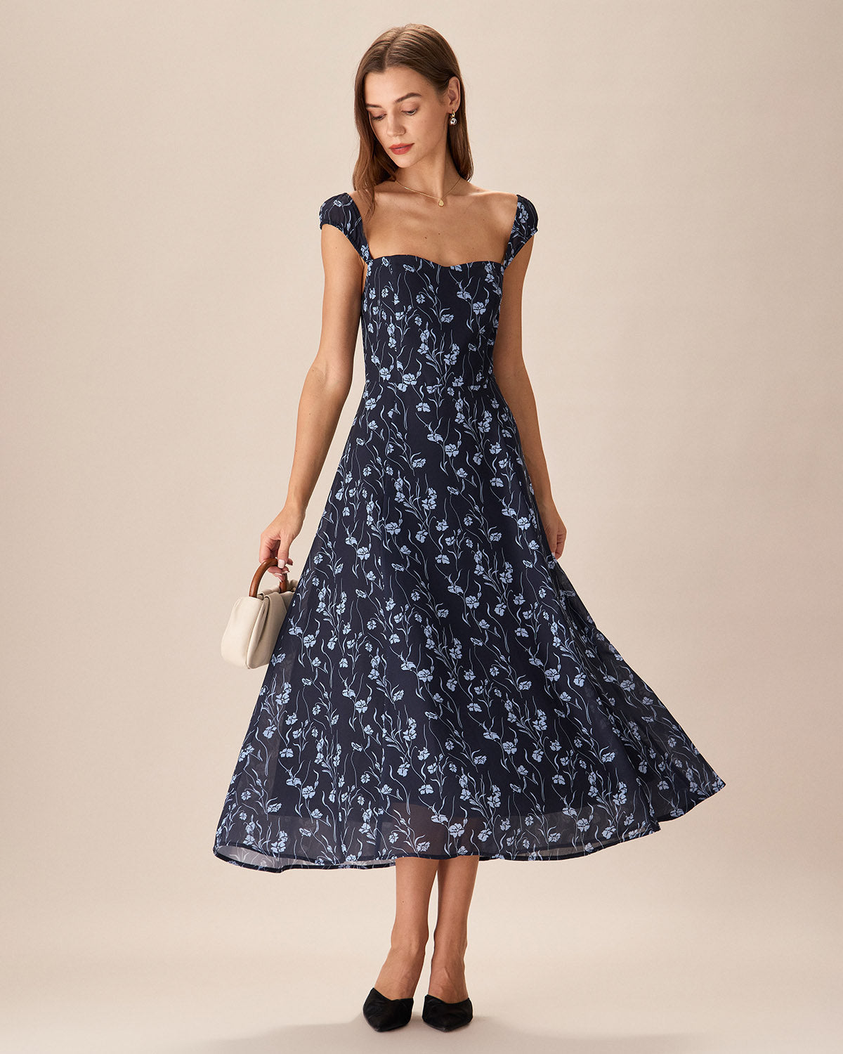 Navy Floral Midi Dress with Sweetheart Neckline