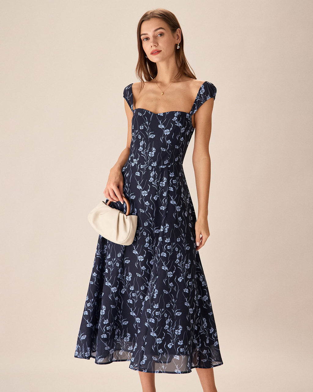 Navy Floral Midi Dress with Sweetheart Neckline