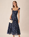 Navy Floral Midi Dress with Sweetheart Neckline