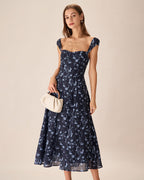 Navy Floral Midi Dress with Sweetheart Neckline