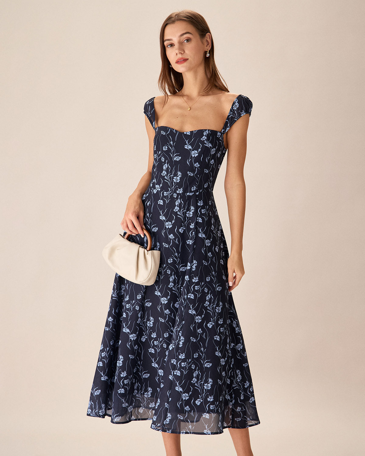 Navy Floral Midi Dress with Sweetheart Neckline