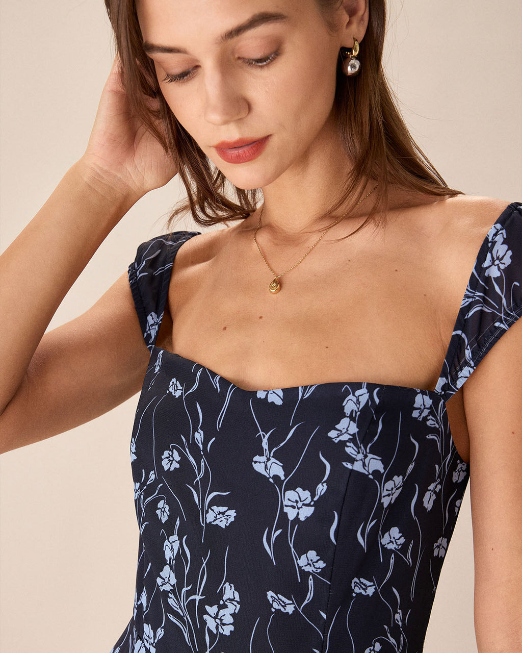 Navy Floral Midi Dress with Sweetheart Neckline