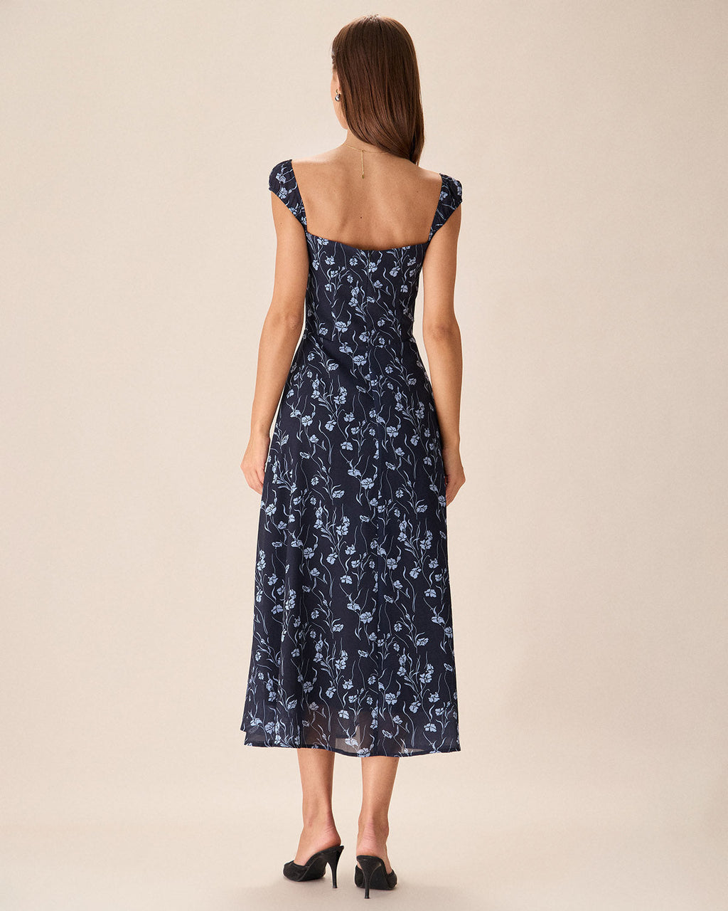 Navy Floral Midi Dress with Sweetheart Neckline