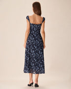 Navy Floral Midi Dress with Sweetheart Neckline