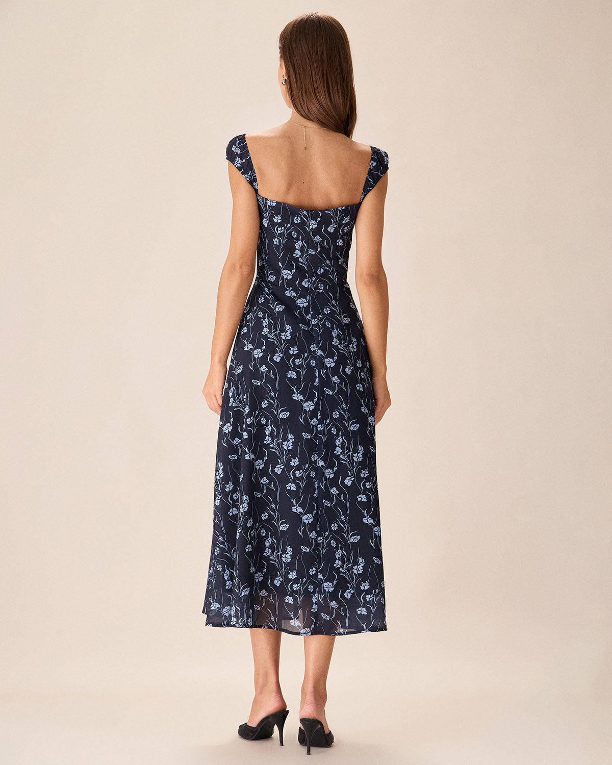 Navy Floral Midi Dress with Sweetheart Neckline
