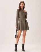 Brown Pleated Mini Dress with Button Details