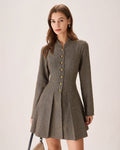 Brown Pleated Mini Dress with Button Details
