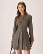 Brown Pleated Mini Dress with Button Details