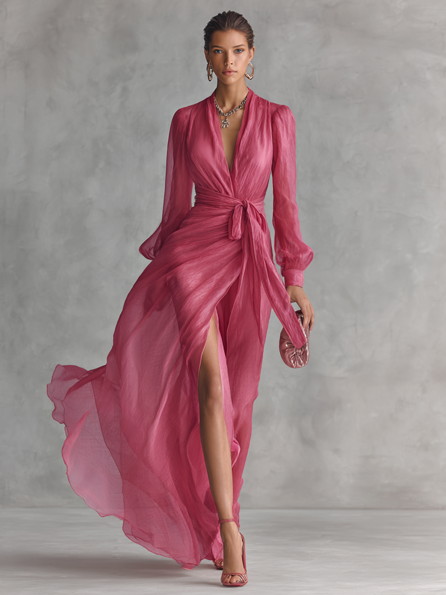 Mia | Rosa Chiffon Maxikleid V-Ausschnitt