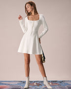 White Square Neck Mini Sweater Dress