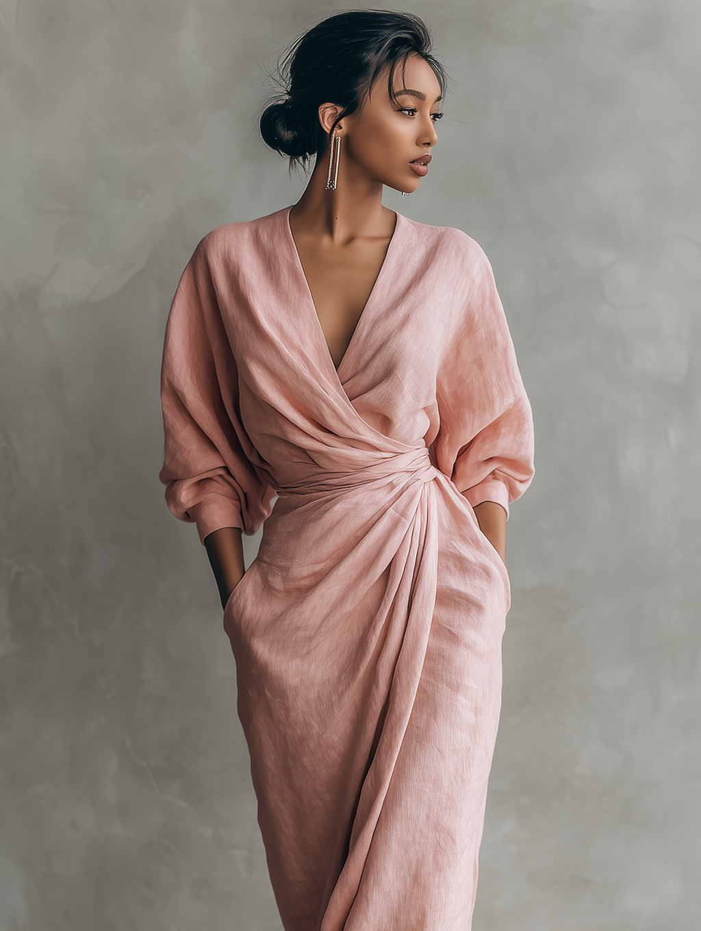 Rosa Leinen Maxi Kleid V-Hals