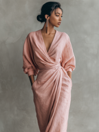 Rosa Leinen Maxi Kleid V-Hals