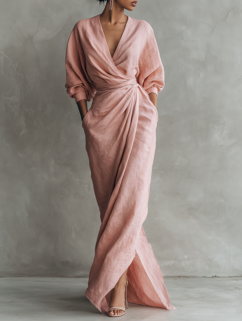 Rosa Leinen Maxi Kleid V-Hals