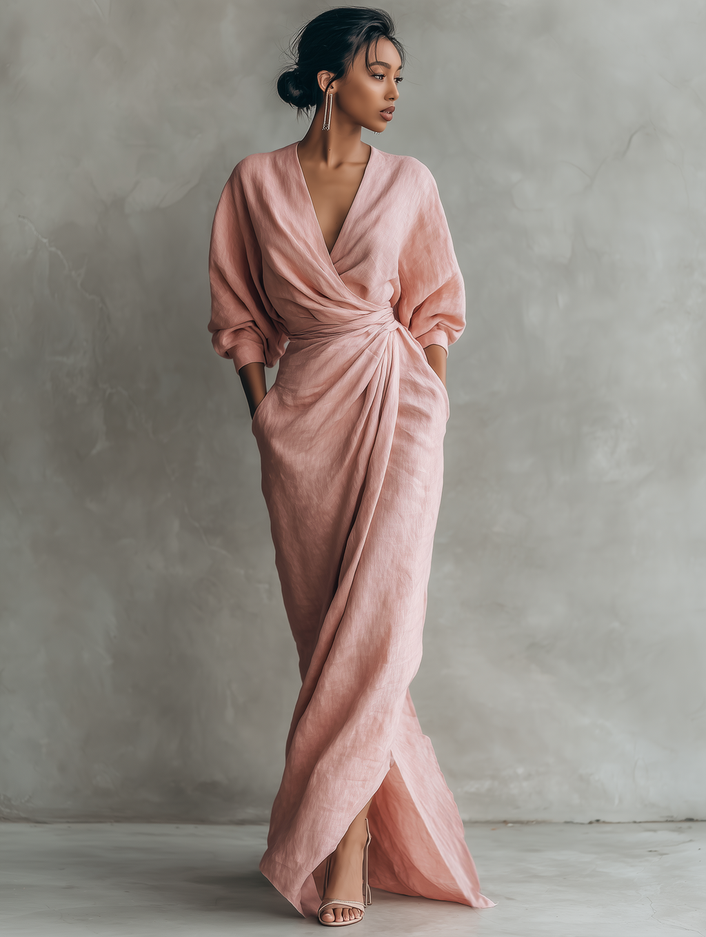 Rosa Leinen Maxi Kleid V-Hals