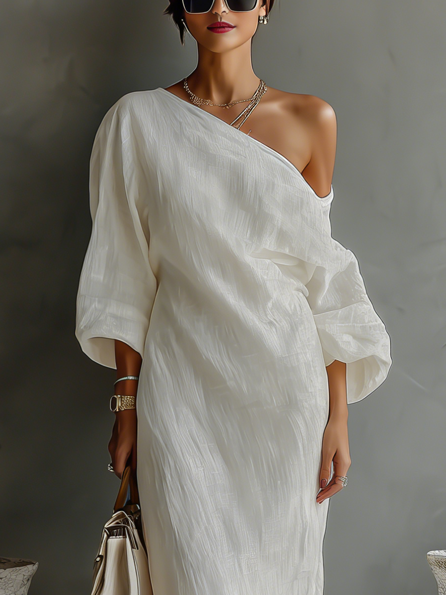 Isabella | Fließendes Leinen Kleid Off-Shoulder