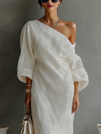 Isabella | Fließendes Leinen Kleid Off-Shoulder
