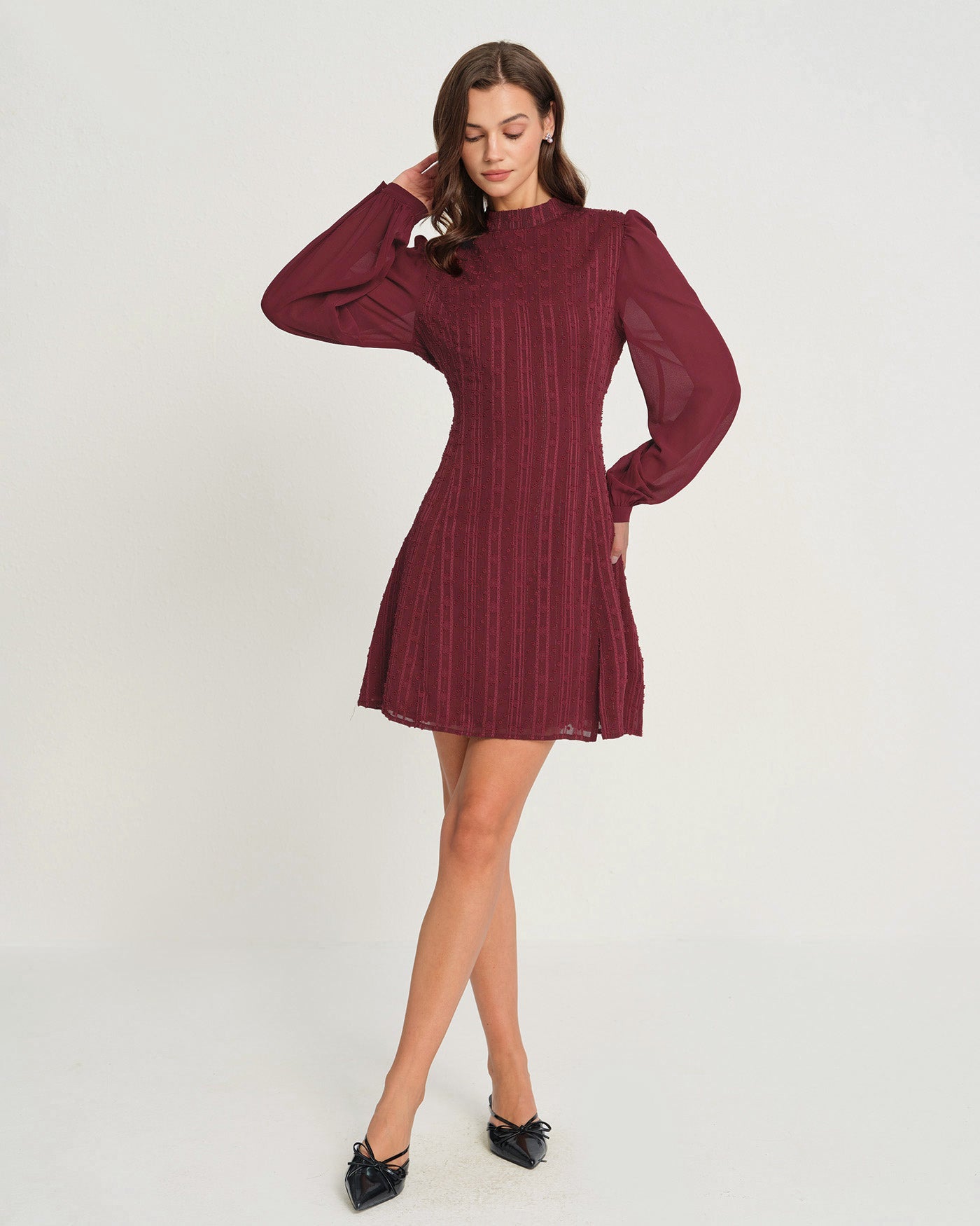 Wine Red Chiffon Mini Dress with Mock Neck