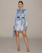 Blue Satin Mini Dress with Boat Neck