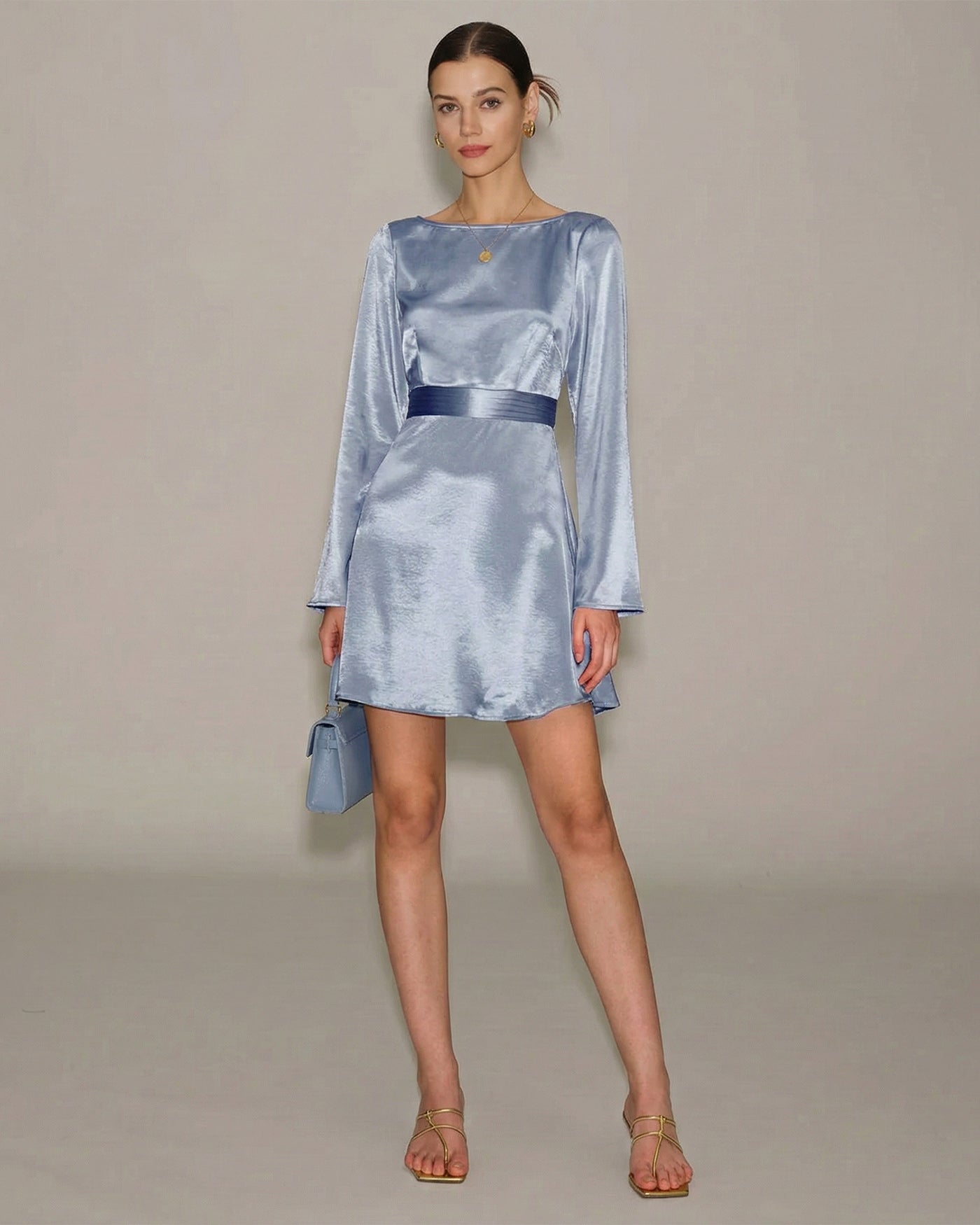Blue Satin Mini Dress with Boat Neck