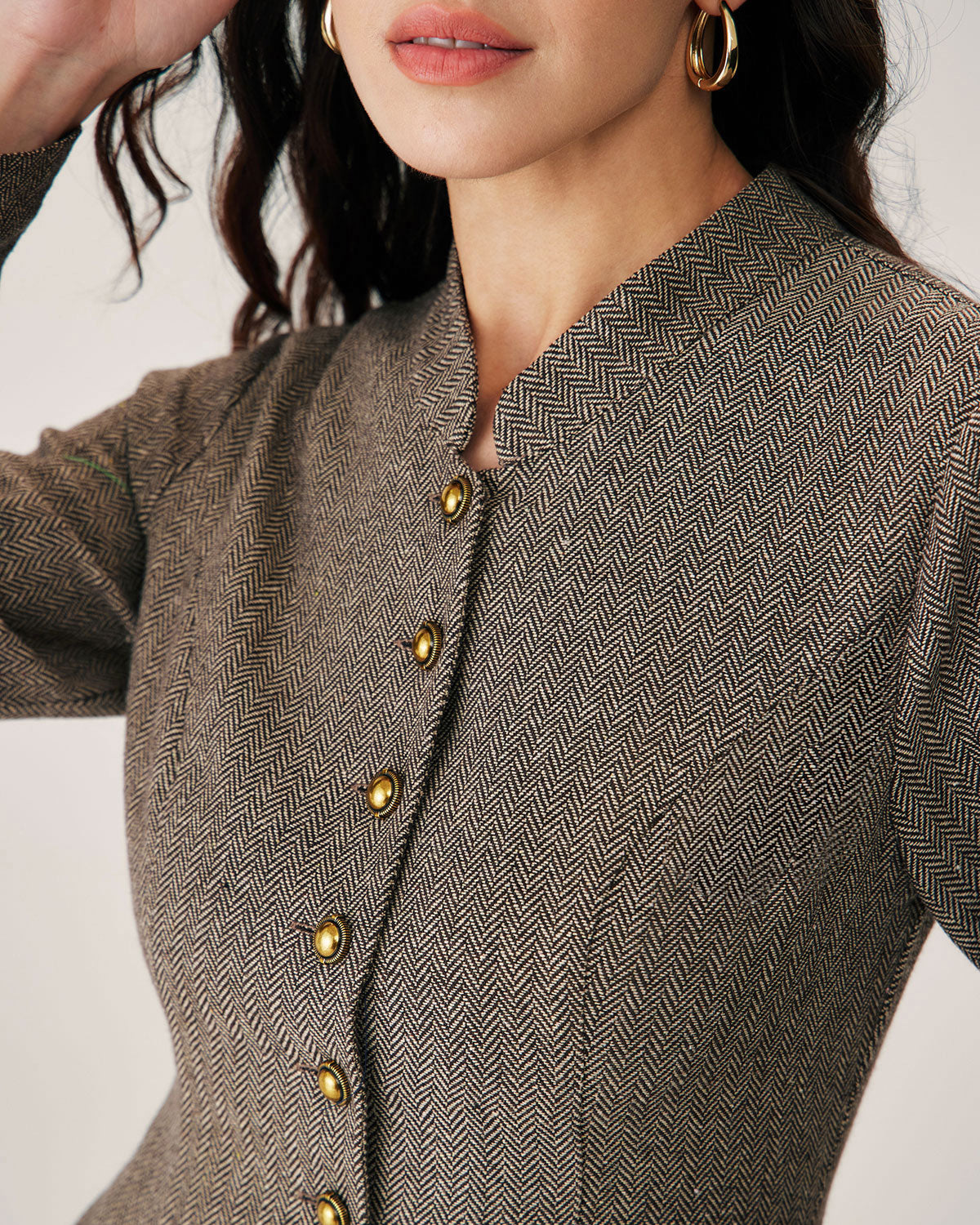 Brown Pleated Mini Dress with Button Details