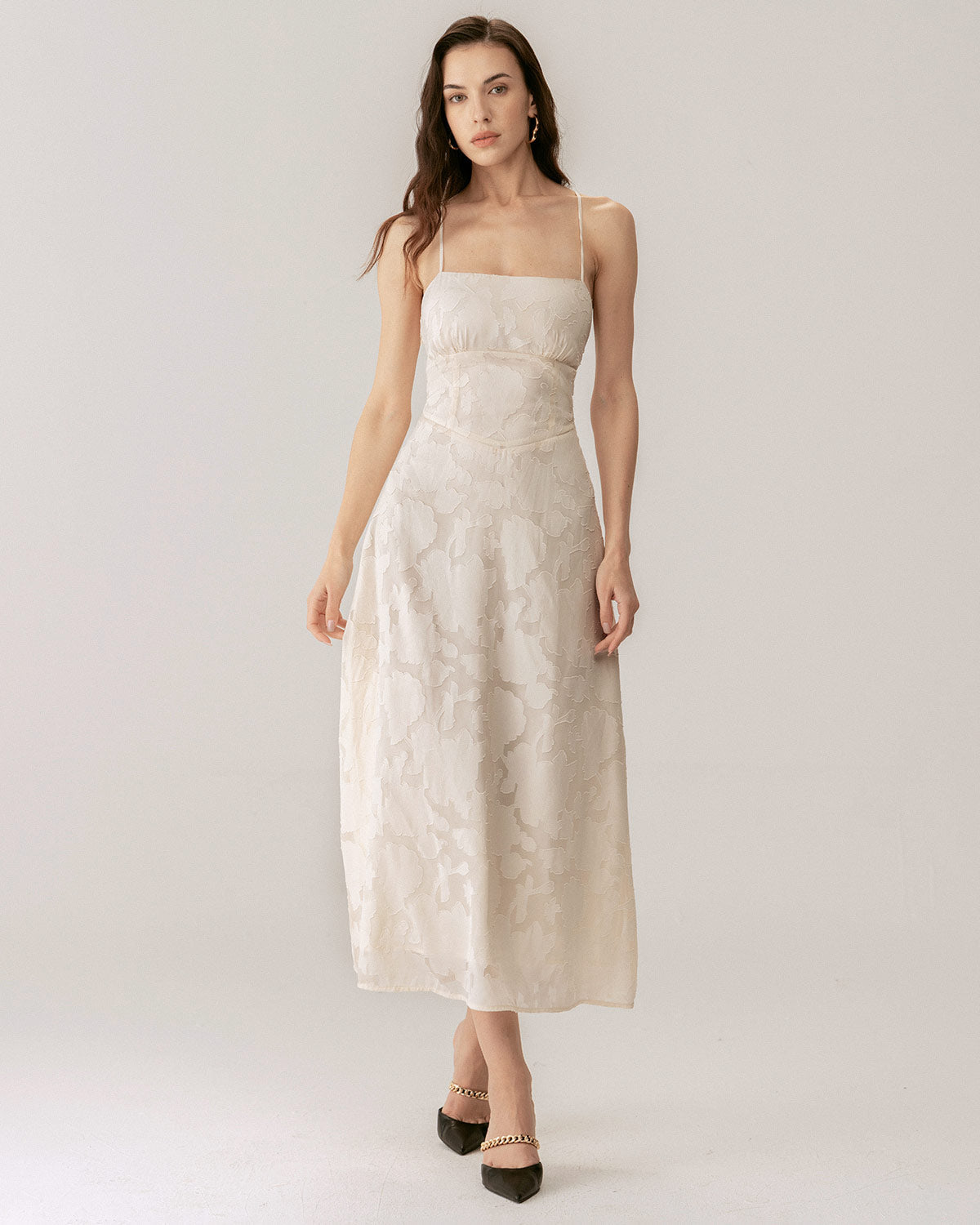 Apricot Jacquard Maxi Dress with Corset Slip Design