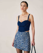 Navy Floral Print A-Line Mini Skirt