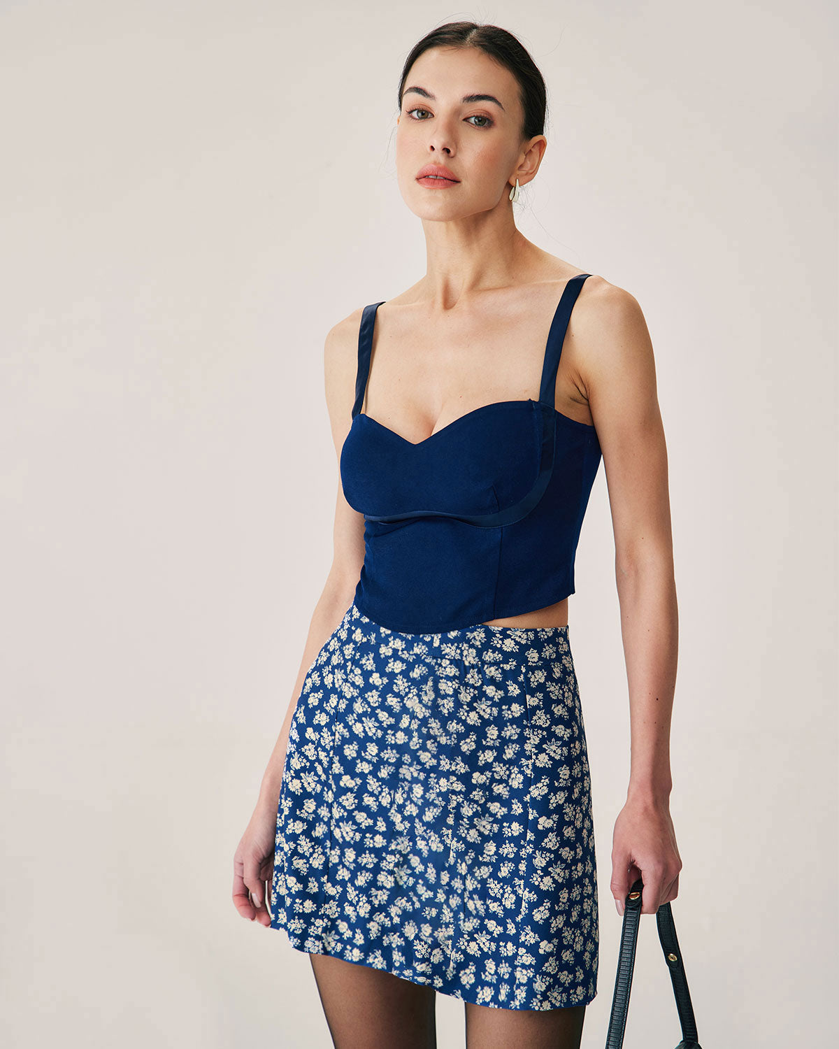 Navy Floral Print A-Line Mini Skirt