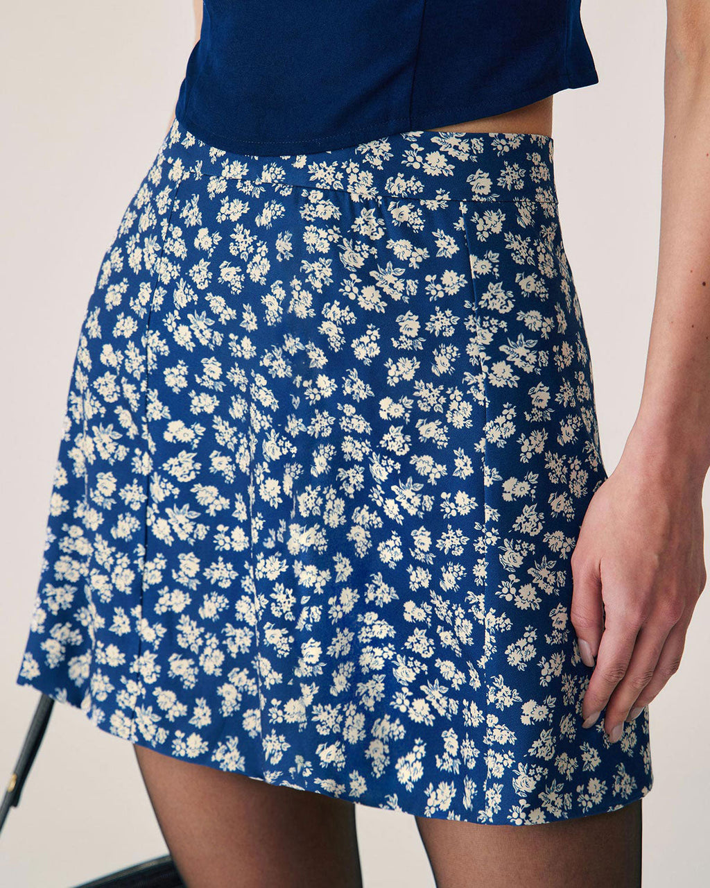 Navy Floral Print A-Line Mini Skirt