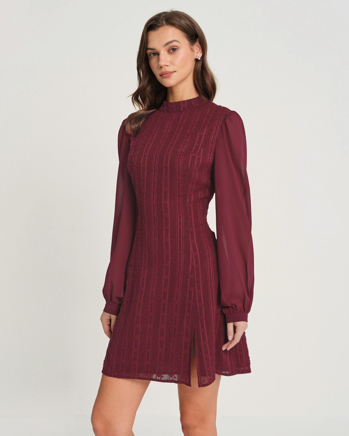 Wine Red Chiffon Mini Dress with Mock Neck