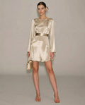 Apricot Satin A-Line Mini Dress with Boat Neck