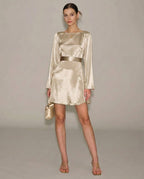 Apricot Satin A-Line Mini Dress with Boat Neck
