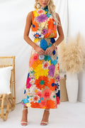 Sommer | Ärmelloses Maxikleid mit Bindeband und Blumenmuster